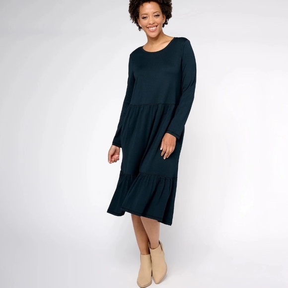 LOGO by Lori Goldstein Cotton Modal Tiered Midi Dress Black SP Boho Comfort - Picture 1 of 5
